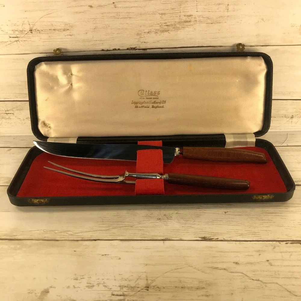 Vintage Cutlass Leppington Sheffield England Carving Set Knife Fork‎ Wood Handle